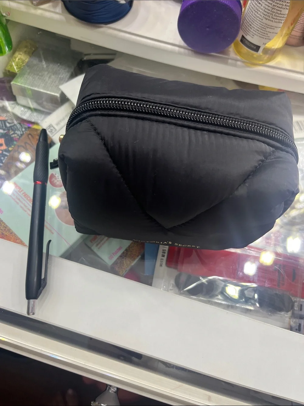 Victoria's Secret Black Quilted Cosmetic Case with Gold Logo